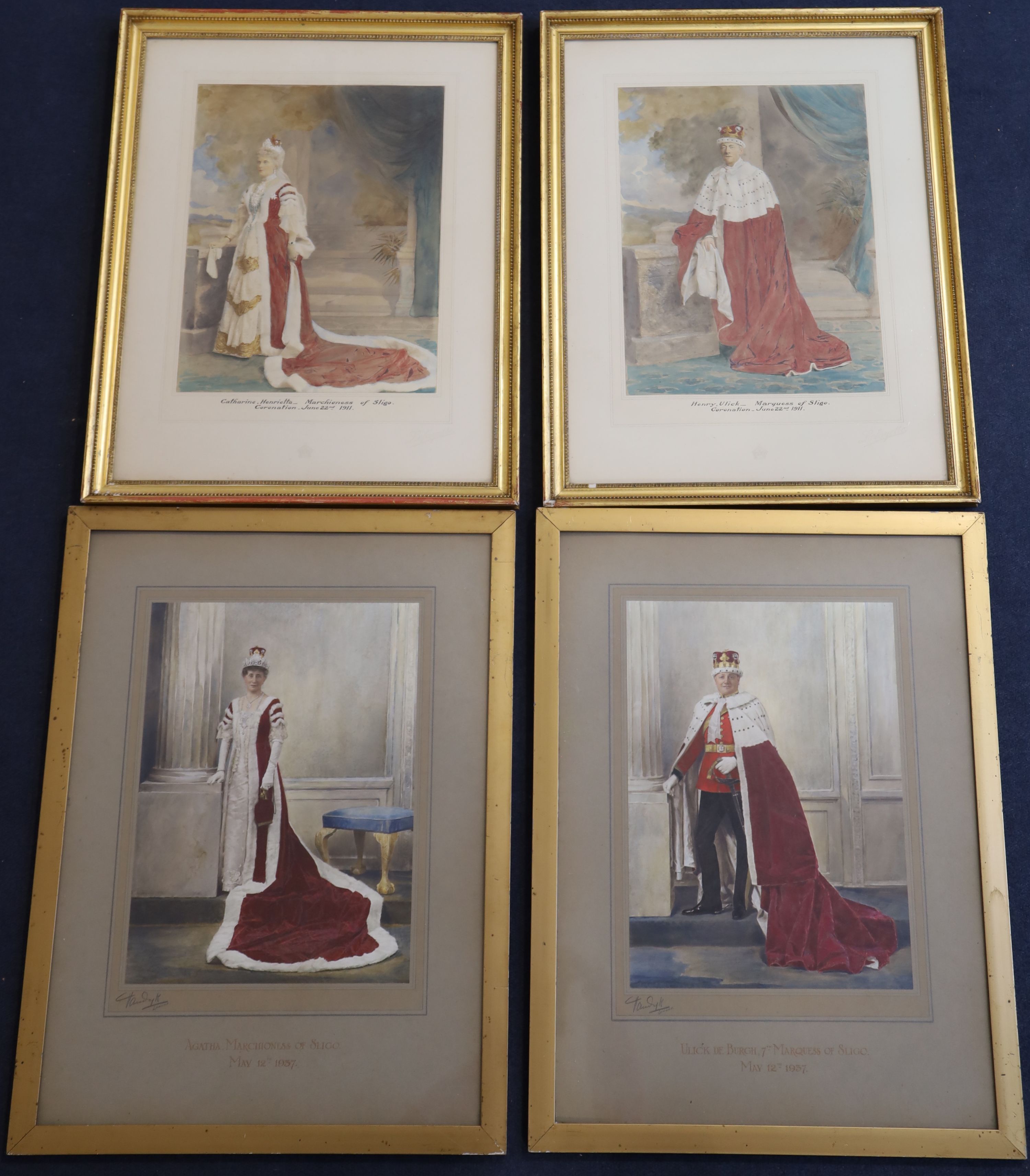 Two pairs of hand tinted photographs of Henry Ulick de Burgh, 7th Marquess of Sligo and Agatha, Marchioness of Sligo, largest overall 5